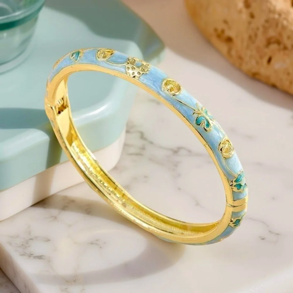 Blue Butterfly & Floral Theme Enamel Hollow Out Cloisonne Bangle